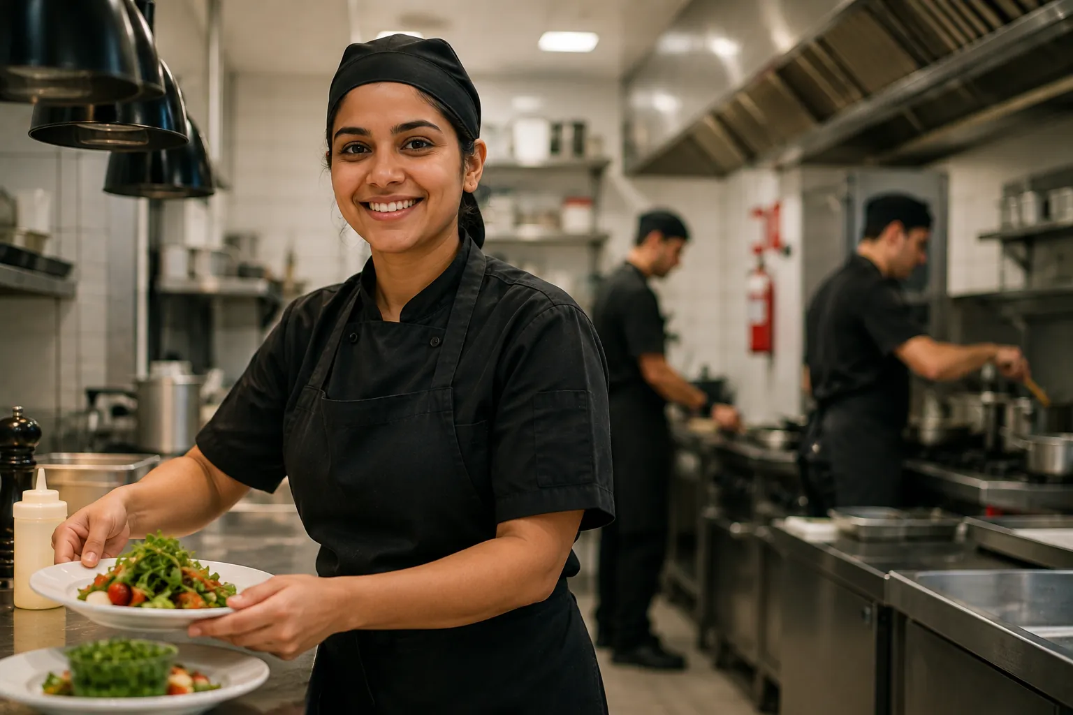 A smiling chef in a black uniform presents a prepared plate in a commercial kitchen, with colleagues working at the stoves behind her.