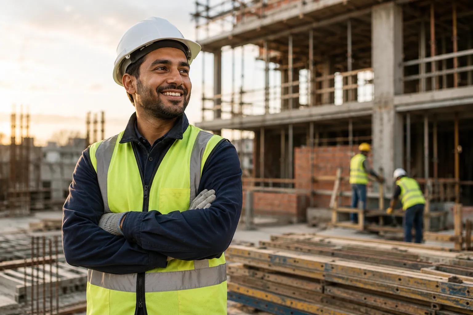 A construction worker in a hard hat and high-visibility vest stands on a building site with colleagues in the background.