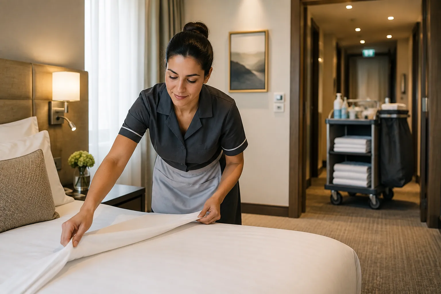 A hospitality worker in a hotel uniform makes a bed in a bright guest room, with a housekeeping cart visible nearby.