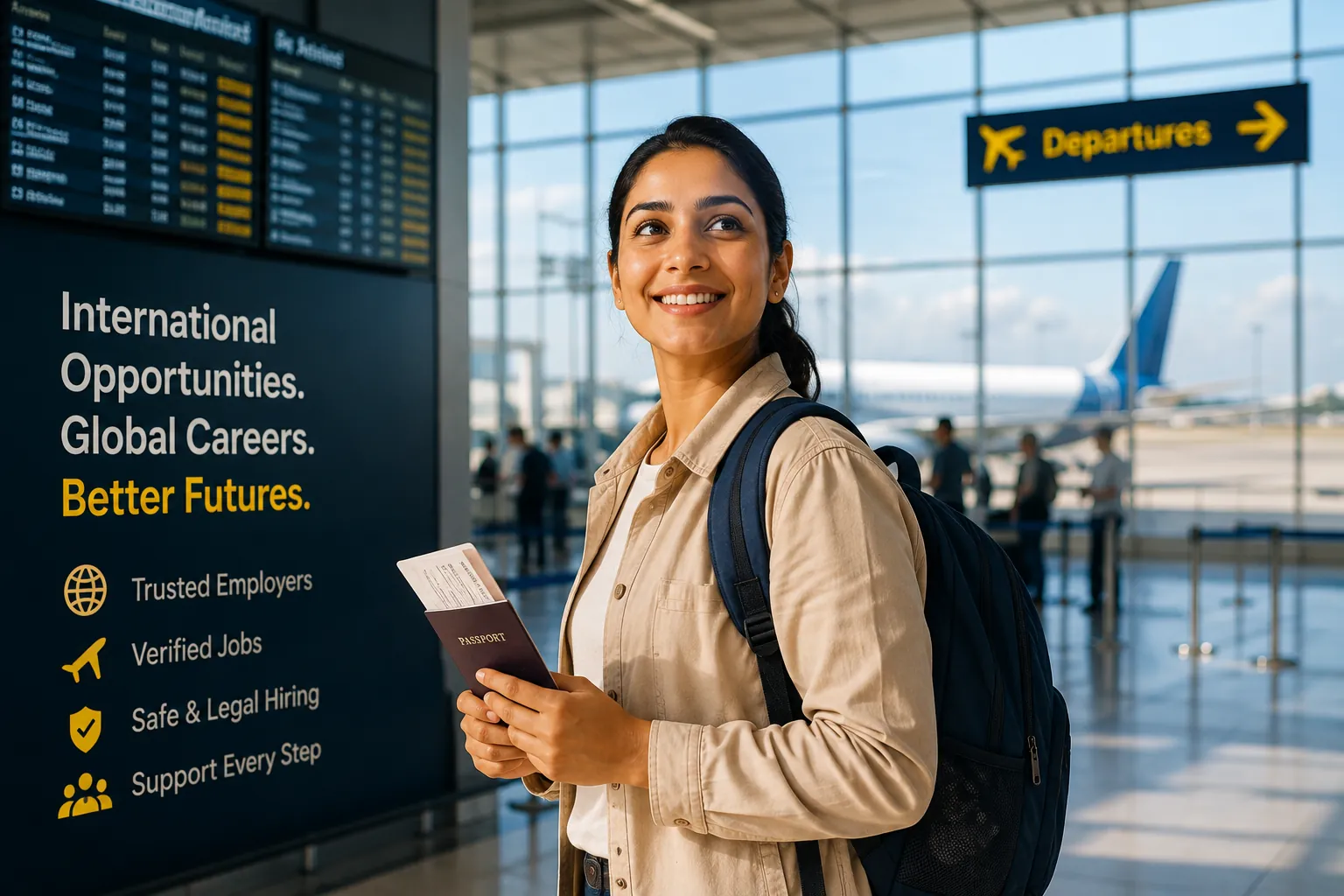 A professional woman at an airport departure hall holds a passport and boarding passes, representing international workforce mobility.