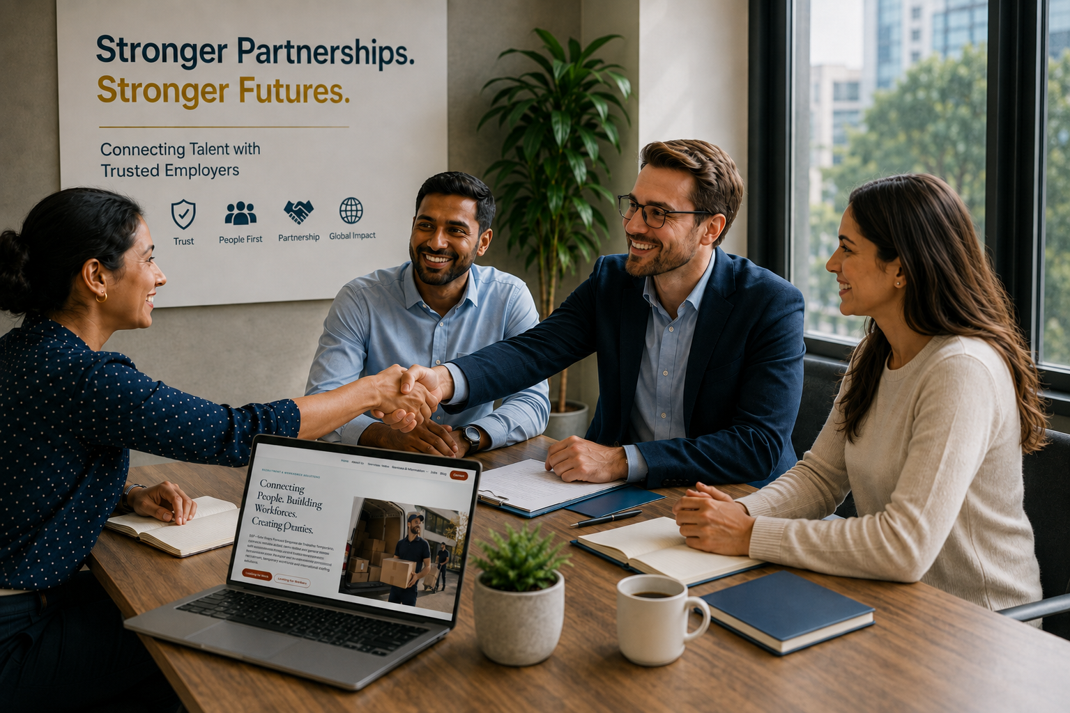 Four colleagues around a conference table smile as two shake hands, with a Safe Steps Forward partnership poster and laptop visible behind them.