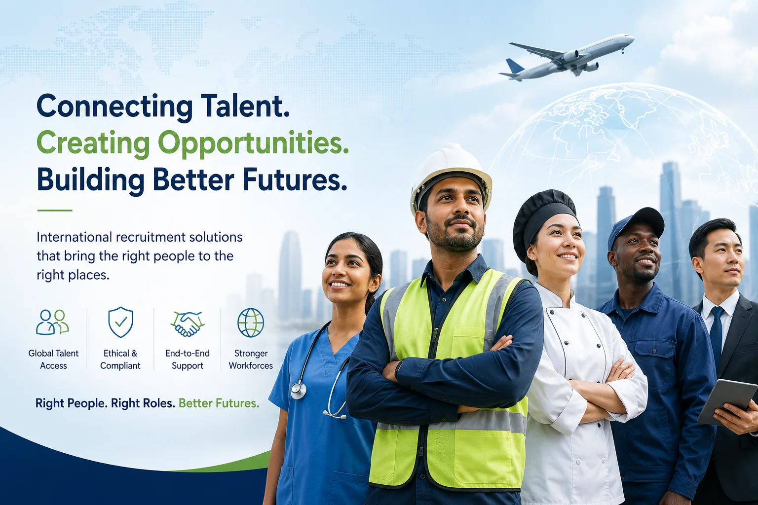 A diverse group of international professionals from healthcare, construction, hospitality, industry and business, representing cross-border workforce recruitment.