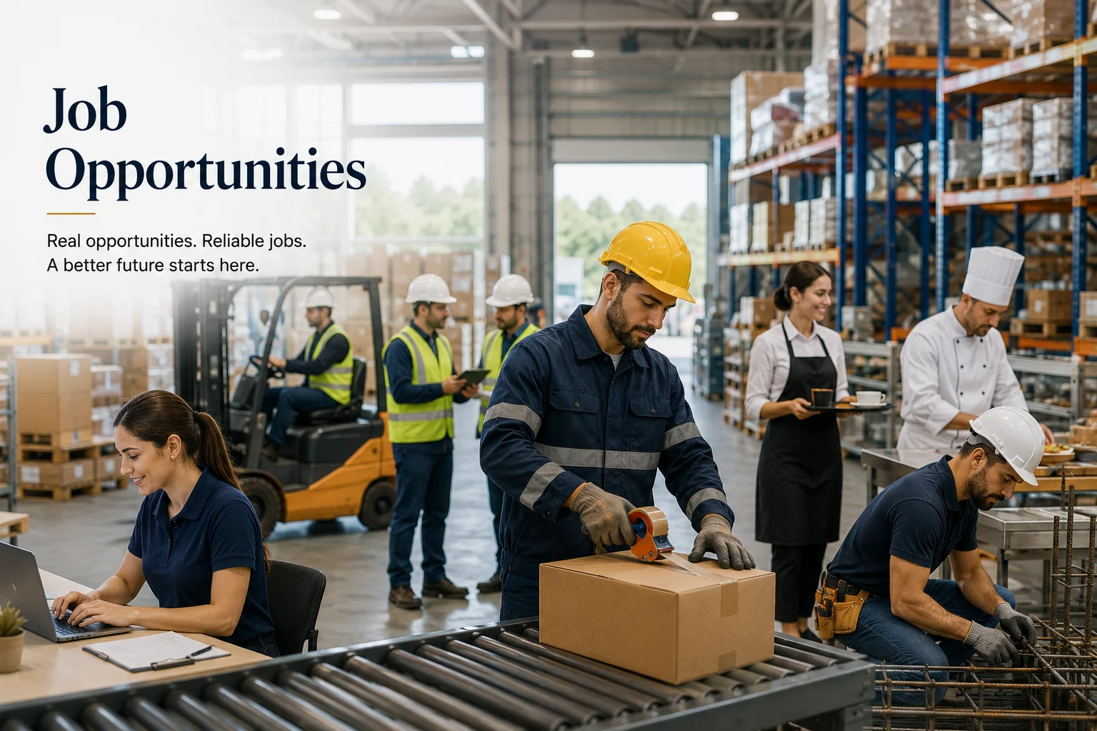 Diverse workers across warehousing, hospitality, construction and office roles, representing SSF-managed job opportunities.