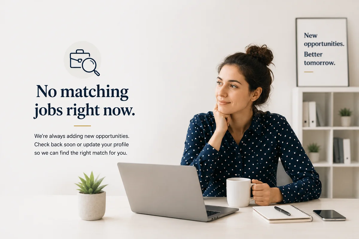 A candidate reviewing opportunities at a desk, representing no matching job results for the current search filters.