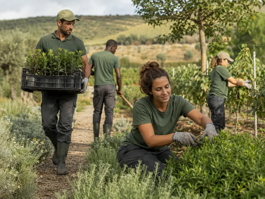 Agricultural workers tending plants and shrubs in an outdoor nursery setting.