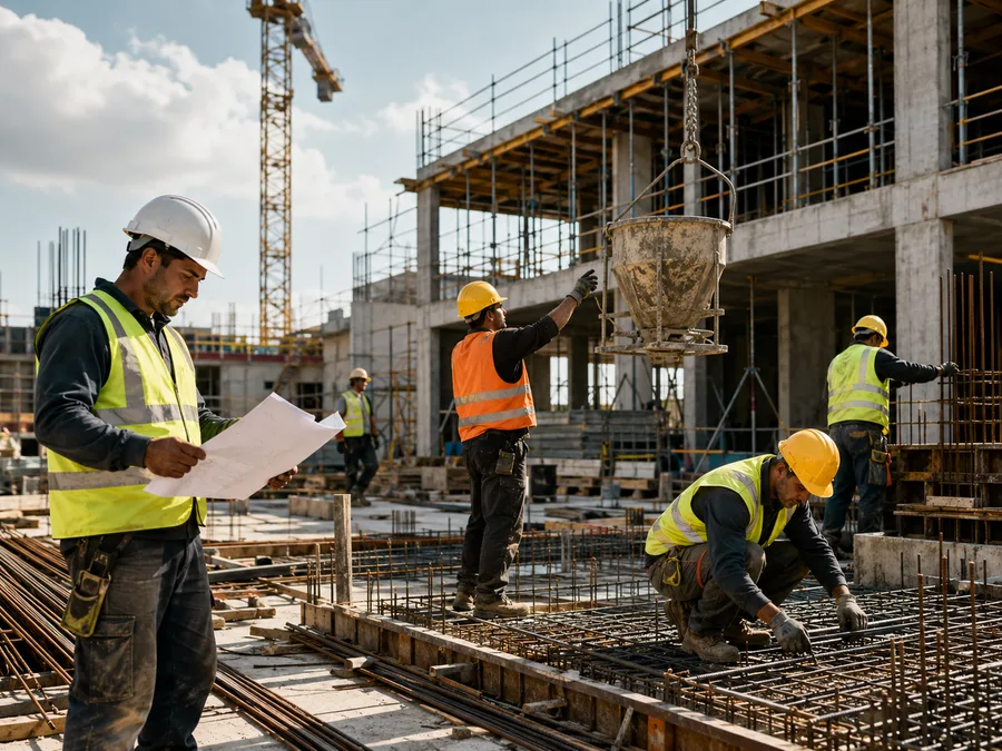 Construction workers on a civil and commercial building site.