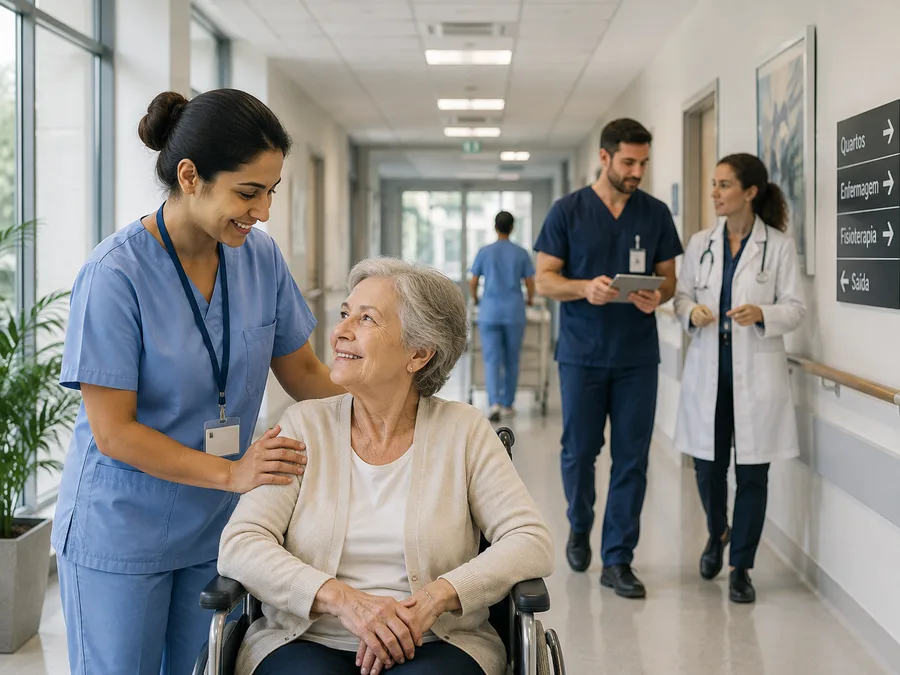 Healthcare and care professionals supporting patients.