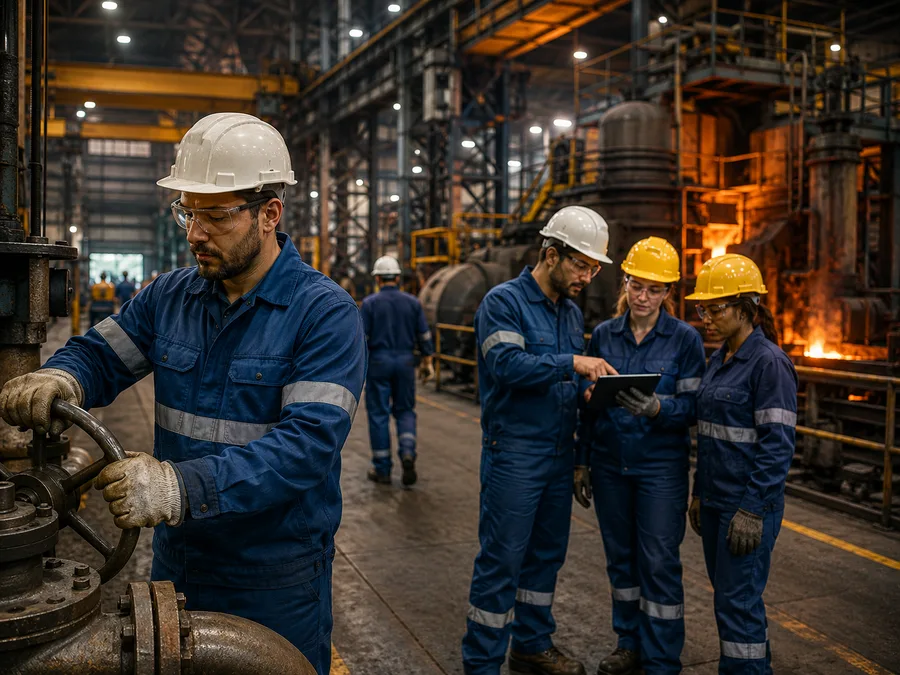 Heavy industry workers operating in an industrial plant.