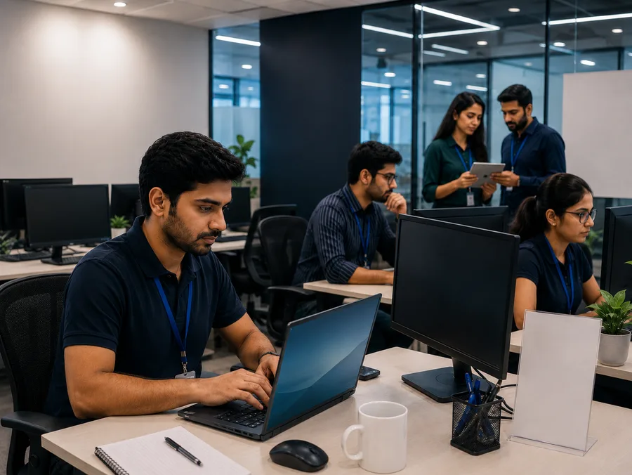 Information technology professionals collaborating in a modern workspace.