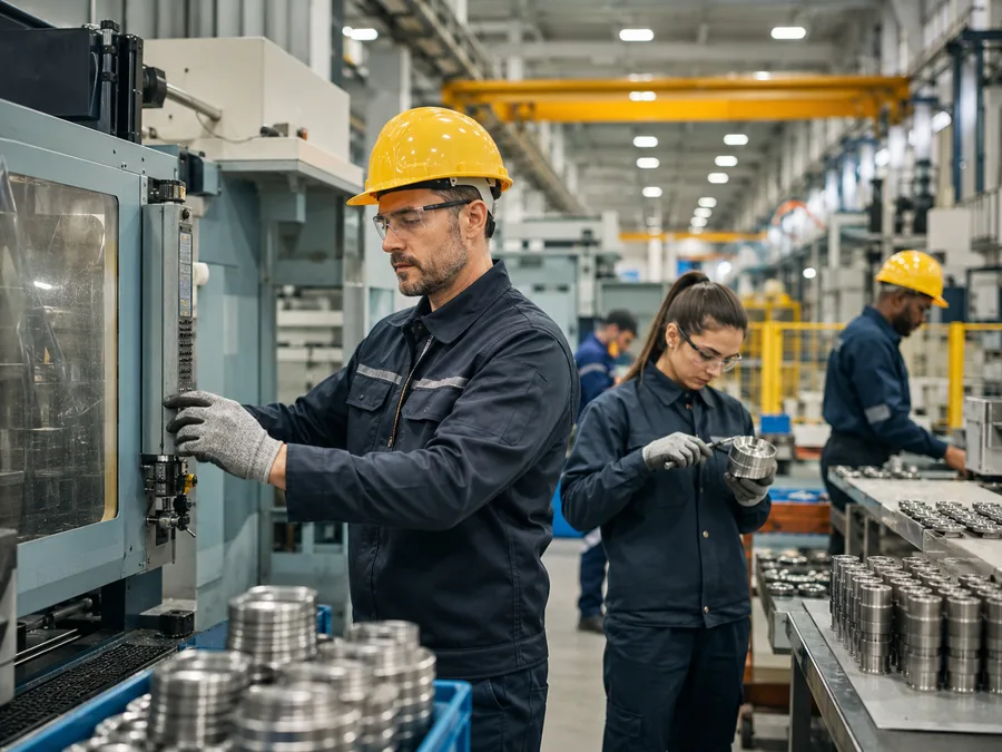Production and manufacturing workers operating equipment in an industrial facility.
