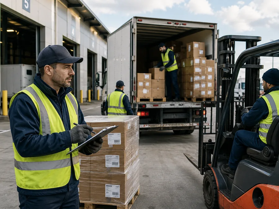 Transport and logistics professionals coordinating freight operations.