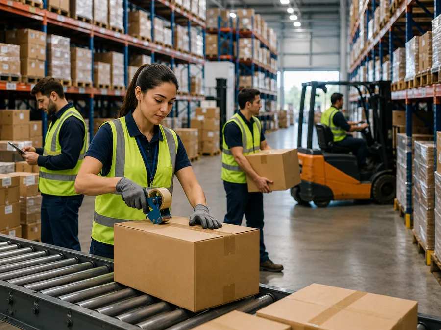 Warehouse and logistics workers operating in a modern storage facility.